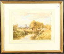 THOMAS PYNE (1843-1935) BRITISH. Dereham Church from the willow lined river. Signed and dated