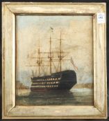 E. ROBINS (19TH CENTURY) ENGLISH. A man of war at anchor. Signed. Oil on board. 10.5
