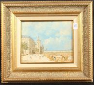 P. Stefani (b.1938) French, A view in Paris with figures walking a flower sellers, oil on board