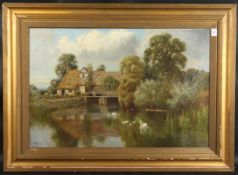 J. BONNY (EARLY 20TH CENTURY). View of a farmhouse and pond with swans, oil on canvas, signed. 19.5