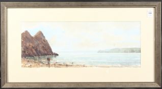 T. CARR TWO FIGURES ON THE BEACH Signed. 7.5ins x 19ins (18.5cm x 48cm)