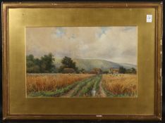 ARTHUR POWELL MAY (1824-1900) BRITISH. Path through a cornfield at harvesting, watercolour,