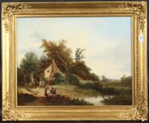 19TH CENTURY ENGLISH SCHOOL. A family before a cottage, ducks on the pond, church in the distance.