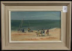 HERMIONE HAMMOND (1910-2005) BRITISH. Fishing off a beach, oil on board, inscribed verso 'Skate