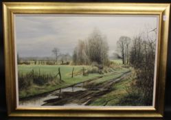 Mervyn Goode, a country track with an extensive landscape beyond, oil on canvas, signed, inscribed
