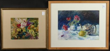 BONITA BOELLA. Watercolour and gouache, still life with teapot, lemon and poppies in a pot,