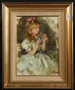 ANATOYL GRIDNEV (b. 1946) RUSSIAN. Portrait of a young girl combing her hair, oil on panel. 12.5