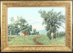 MICHAEL WOOD. Landscape, a man standing by a stile, cottage and trees. Signed, oil on canvas. 20