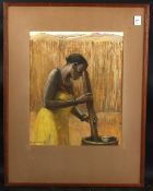M. J. HUTCHINS. Mixed media, a native Tanganyikan woman grinding flour, signed, extensively