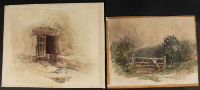 ENGLISH SCHOOL (19TH CENTURY). Watercolour, a country gate, signed with initials, and a