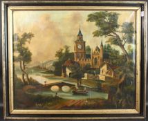 19th Century Continental School, figures by a church on a river, oil on canvas, 25