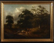 LATE 18TH/EARLY 19TH CENTURY SCHOOL. Woodland country lane with resting figures and shepherd, oil on