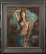 GEORGE WEISSBORT (1928-2013). Portrait, three-quarter length abstract of a young lady. Oil on board.