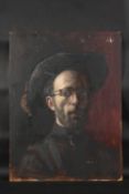 GEORGE WEISSBORT (1928-2013). Self portrait, head and shoulders, wearing a cavalier type hat. Oil on