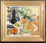 ANN ESTELLE RICE (1877-1959) AMERICAN. Still life, a coffee pot, cup & saucer and fruit. Oil on