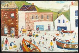 SIMEON STAFFORD (b. 1956). Busy beach scene, inscribed Port Isaac, Cornwall, oil on board, signed.