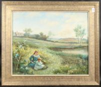 MARK JAMES. Children picking flowers in the field, beside a pond, house in the distance, oil on