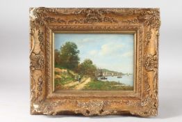 GERARD ROUX. Figures on a pathway with boats and estuary. Oil on panel. 7ins x 10ins.