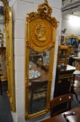 A GOOD PAIR OF GILTWOOD LONG NARROW MIRRORS with a large circular portrait. 6ft high x 1ft 6ins
