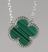 A SILVER AND MALACHITE CLOVER PENDANT NECKLACE.