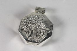A SILVER PLATED ART DECO LADY PERFUME BOTTLE.