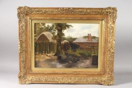 ENGLISH SCHOOL. A farmhouse, fence and overturned barrel. Oil on canvas. 10ins x 14ins.