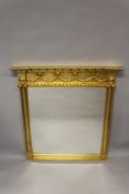 A GILTWOOD OVERMANTLE MIRROR with garlands, urns and plain column sides. 3ft 11ins wide x 4ft high.