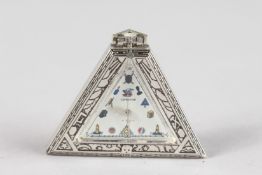 A CERVINE SILVER MASONIC TRIANGULAR POCKET WATCH.