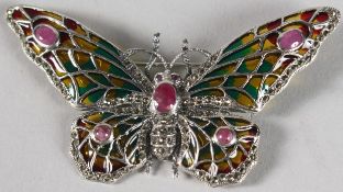 A SILVER RUBY SET PLIQUE-A-JOUR ENAMEL BUTTERFLY BROOCH.