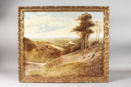 H. W. Figures with dog overlooking a valley. Monogrammed. Oil on canvas 1890.