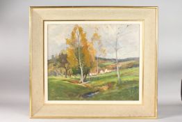 MARIN GENOUD (1893-1966). Building and silver birch trees. Signed. Oil on board. 15ins x 18ins.