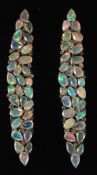A PAIR OF SILVER, GOLD POST, LONG OPAL AND DIAMOND EARRINGS.