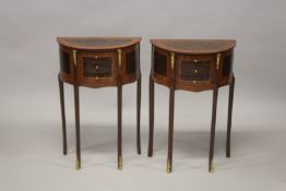A PAIR OF LOUIS XVITH STYLE HALF MOON SIDE TABLES with cross-banded tops, three small drawers on