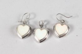 A PAIR OF SILVER AND OPAL HEART SHAPED EARRINGS AND PENDANT.