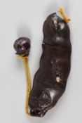A JAPANESE CARVED WOOD FRUIT INRO with spiders on a rope. 6.75ins high.
