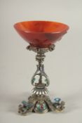 A GOOD AGATE 19TH CENTURY SILVER and ENAMEL CUP 2.5ins. Cup repaired on a very good quality stand by