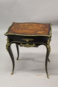 A VERY GOOD 19TH CENTURY FRENCH MARQUETRY INLAID WORK TABLE with ormolu mounts and female heads,