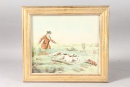 A DOG CHASING A RABBIT. print. 8ins x 9.5ins.