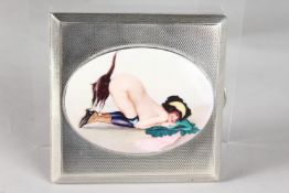 A LARGE SILVER NUDE AND CAT CIGARETTE CASE. Birmingham 1945.