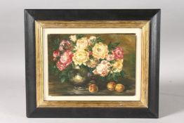 D. MORTON. Roses and Peaches. Signed. Oil on panel. 5ins x 7ins.