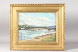 G. LORDEREAU. A bridge over the River Seine. Signed. Oil on board. 10ins x 13ins.