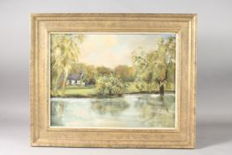 ENGLISH SCHOOL. Church with a pond in the foreground. Oil on board. 12ins x 16ins.