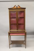 AN EDWARDIAN MAHOGANY CHINA AND BIJOUTERIE CABINET, the top with glass panel doors, two glass