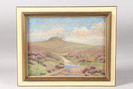 A Scottish landscape with heather and stream. Oil on canvas. 9ins x 12ins.
