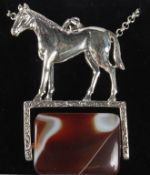 A SILVER HORSE AGATE SWIVEL FOB ON CHAIN.