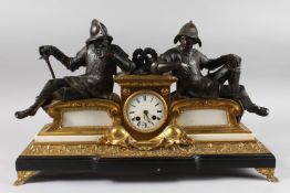 A LARGE 19TH CENTURY FRENCH BRONZE AND ORMOLU CLOCK with two bronze figures and enamel dial,
