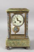 A 19TH CENTURY FRENCH ONYX AND CHAMPLEVE ENAMEL FOUR GLASS CLOCK. 13ins long.