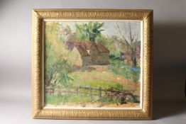 ATTRIBUTED PIERRE MONTEZIN. A house in a landscape with fence in the foreground. Oil on board. 16ins