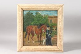 A. G. BORROW. A lady with a horse and a dog. Signed. Oil on board. 9.5ins x 9.5ins.