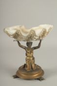 A CAST BRONZE FIGURAL CENTREPIECE, modelled as a seated mermaid holding aloft a shell. 22cms high.